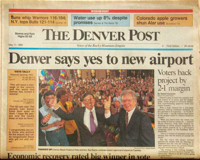 1989 Denver Post front page of the celebration after the decision for a new airport.