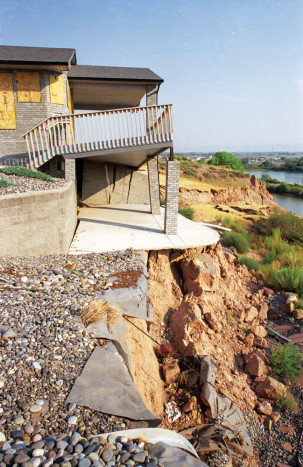 This home near Grand Junction was destroyed by a landslide caused by the Colorado River undercutting its own bank. Many of the stream banks in Colorado that are composed of soft sediments are prone to slope failure, especially around meander bends. 