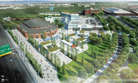 The Stadium Arena Market (8), built in 1909, will be redeveloped and the CSU Center (9) will be constructed. The vision for the Colorado Commons (10) plaza area is to have small retail spaces, areas for events, research growing plots and a small urban farm. Not shown in renderings: The Livestock Exchange building (11) and the the Forney Museum (12) will remain. The Coliseum (13) will be redeveloped at a future point.