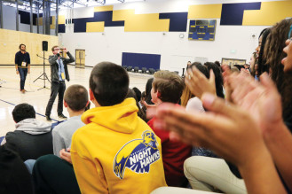  Jamie Laurie, singer, songwriter, and founder of the Flobots engages Northfield High School students in an interactive event that focuses on how music can impact people and communities. Top middle: Flobot Stephen “Brer Rabbit” Brackett responds with emotion to Corey Albert’s rap performance. 