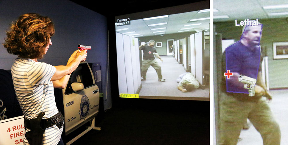 Hebert draws her weapon during a domestic violence simulation. Responding to a domestic violence call is potentially one of the most dangerous situations for police. In this simulation, the man was armed with a rolling pin. 