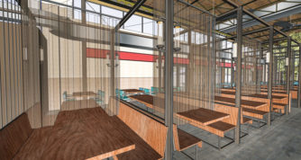 Mesh curtains will separate the community tables in the interior of the beer hall.