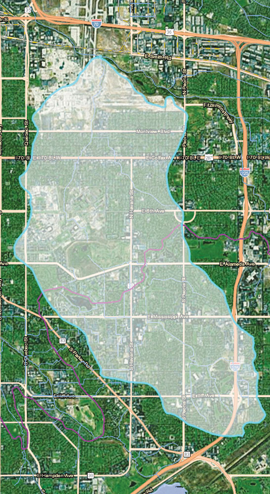 Westerly Creek drains an area in Aurora and Denver that extends south of Iliff Avenue and beyond I-225, collecting storm runoff that flows into two dams in Lowry that moderate the downstream flow from Lowry to the Sand Creek confluence. Map courtesy of Urban Drainage 