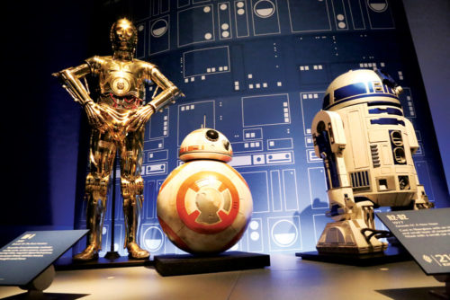 Robots (left to right): C-3PO is made of 30 pounds of fiberglass; BB-8 is equipped with an accelerometer, surface sensors, and swappable tool bay disks; R2-D2 is made of fiberglass and expanding foam with a small car seat inside.