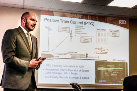 RTD Systems Lead Jeff Whiteman explains positive train control to the media.