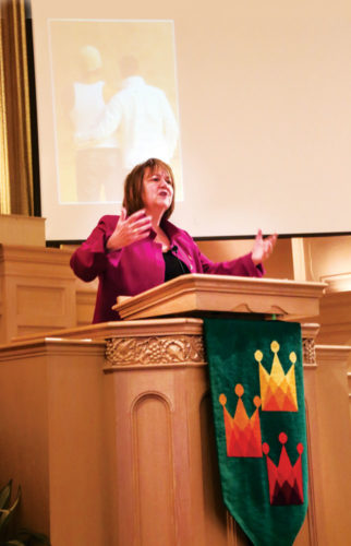  Keynote speaker, Bishop Karen Oliveto, emphasized the spiritual importance of empathy and diversity in her opening address to SpirtiCon participants.