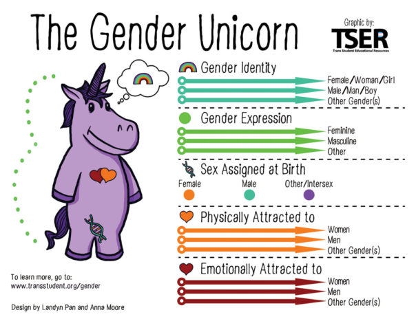 The Gender Unicorn, a graphic created by Trans Student Equality Resources (TSER), hangs on the bulletin board in the club’s meeting space, to illustrate the spectrum of gender identity and sexuality. For more information, visit www.transstudent.org
