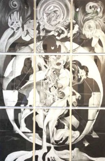 The individual panels put together make “a reference to Leonardo da Vinci’s sketch Vitruvian Man,” Jordan says. 