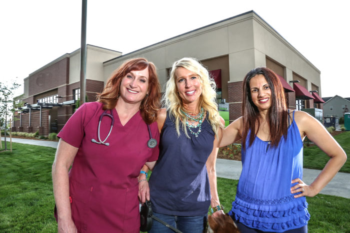 From left: Veterinarian Shelly Sandel, liquor store owner Stephanie Cloven and dentist Preet Clair are opening adjoining practices in the new business plaza at Northfield Blvd. near Xenia Street. 