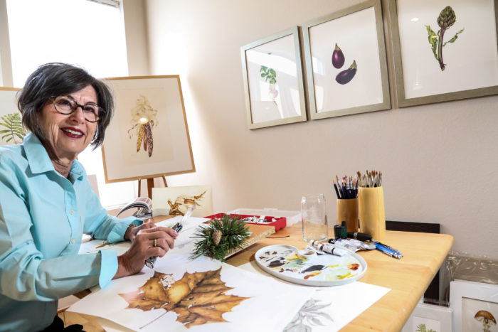 Marian Davis was inspired to create botanical art by her love of gardening. She began painting 15 years ago and finds her inspiration in nature. Working with a mixture of watercolor, tempera, colored pencil, and graphite, she recreates the intricacy and detail of plants, vegetables and bark. This is the third year Davis has been an exhibitor in the Open Artists Studio. Visit her website at botanicalartbymarian.com.