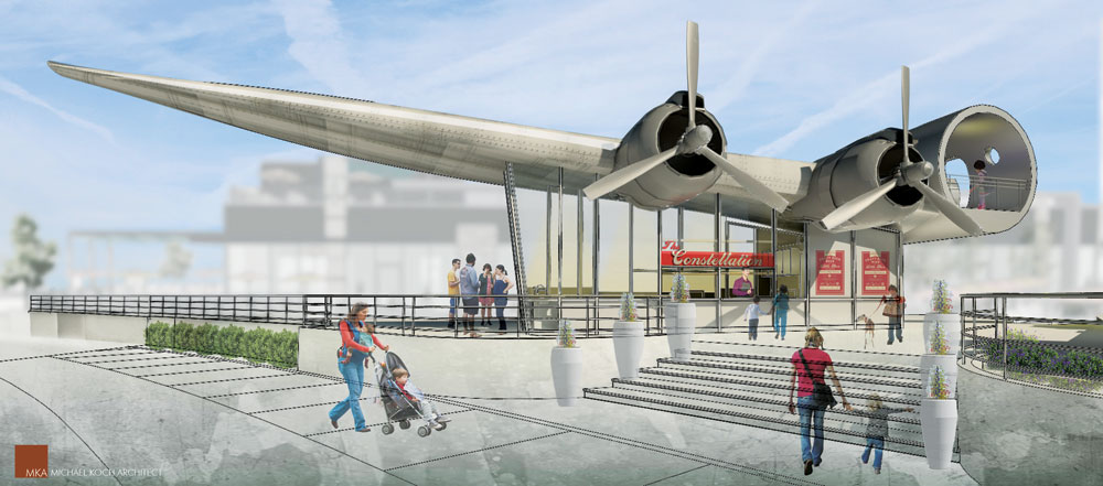 The ice cream shop construction uses the fuselage of a Lockheed Constellation airplane with a replica wing.