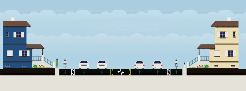 New bike lanes on Montview will be separated from motor vehicle lanes by a painted buffer.