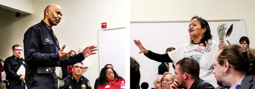 Chief White listens to Lynn Eagle Feather, whose mentally ill son, Paul Castaway, was killed by a police officer. In that case, the DA report concluded the officer acted appropriately and did not file charges against him. Police training to deal with mentally ill people was one of the suggestions made at the meeting.