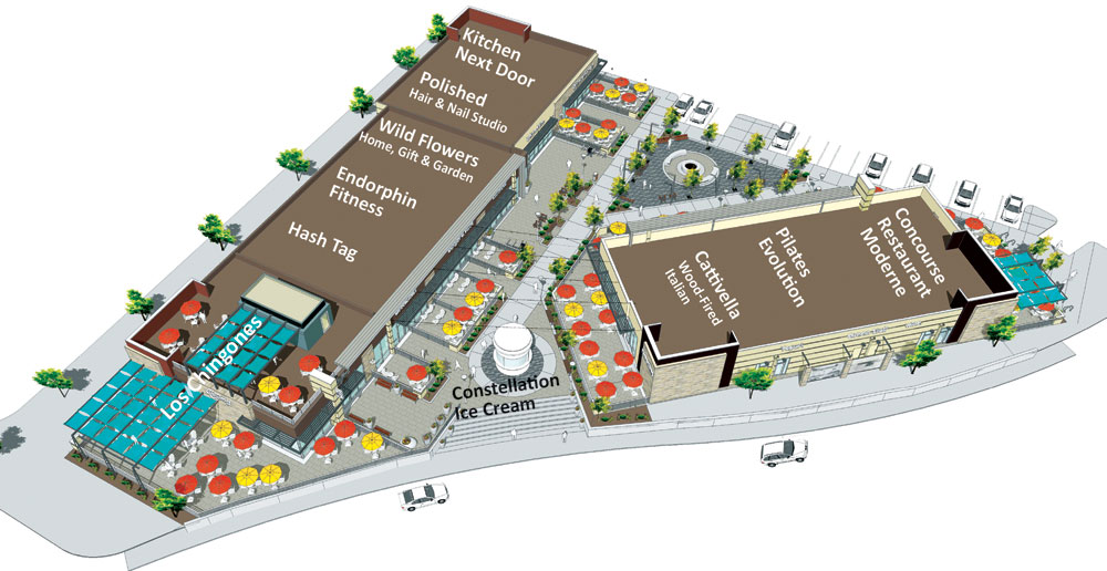 Eastbridge Town Center retail and restaurant locations.