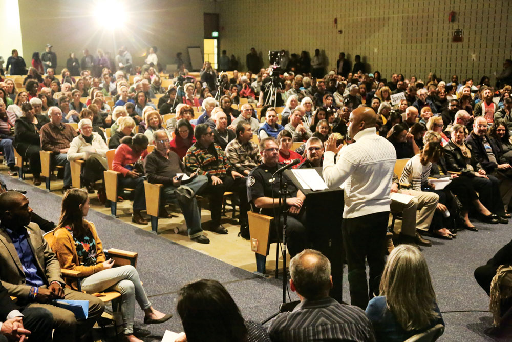 On. Feb. 11 Mayor Hancock held a community meeting to clearly state Denver’s position in the wake the president’s travel ban. Approximately 500 people attended the meeting held at Place Bridge Academy, a DPS school that serves newly arrived refugees and immigrants.